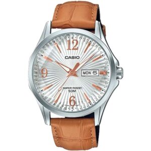 Casio,Men's Watch Analog, White Dial Brown Leather Band, MTP-E120LY-7AVD