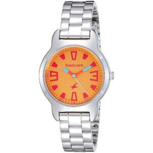 Fastrack, Women's Watch Analog, Orange Dial Silver Stainless Steel Band, 6127SM02