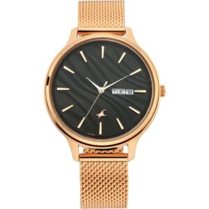 Fastrack Women's Watch Ruffles Collection Black Dial Rose Gold Metal Mesh Strap 6207WM01