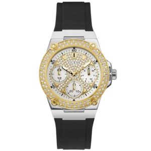 Guess Women's Watch Analog Gold Dial Black Silicone Band